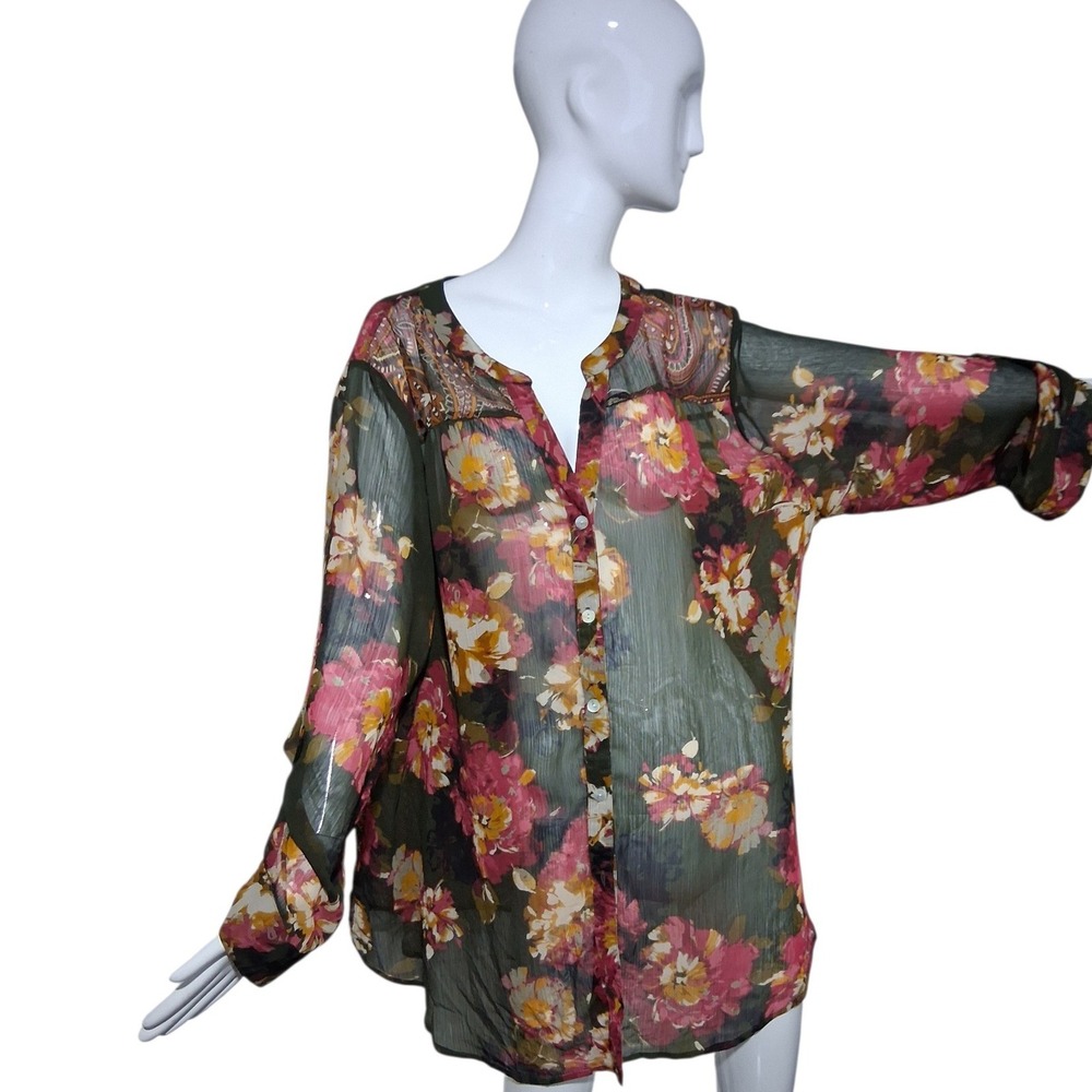 Fig and‎ Flower Sheer Floral Womens Size 3X Button Up Flowy Boho Casual NWT Top
